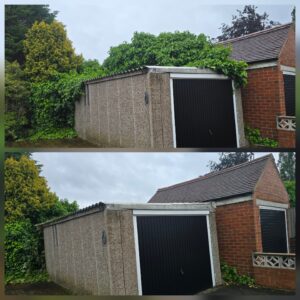 Before and after ivy removal from the front of a garage in Mirfield, Wakefield, showing the garage cleared of heavy ivy growth.