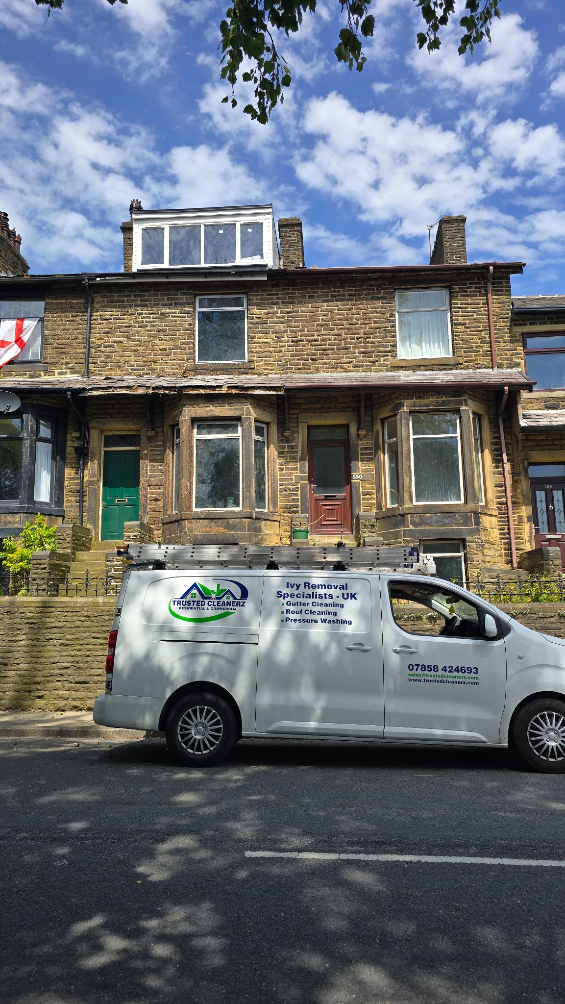 Trusted Cleanerz Ltd branded work van outside a West Yorkshire stone property